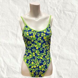 90’s Y2K Floral Blue and Green Women's Swimsuit Retro Low Back
